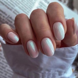 24Pcs Grey White Press on Nails Short Oval Almond - SHANRUN Nails Press ons Fake Nails Aurora Design Nail Tip False Nails Full Cover Glossy Acrylic Artificial Nails Art Kit Stick on Nails Manicure