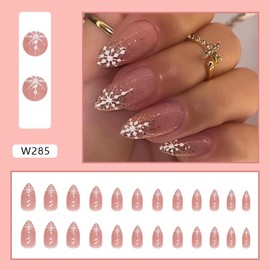 24Pcs Glitter French Press on Nails Medium Almond WLGDLH Christmas Fake Nails Full Cover Pink False Nails with Christmas Snowflake Designs Glue on Nails Artificial Nails for Women Girls