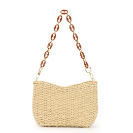 HomKuch Women's Summer Straw Shoulder Bag Summer Chic Woven Handbag Shoulder Purse with Chain, beige