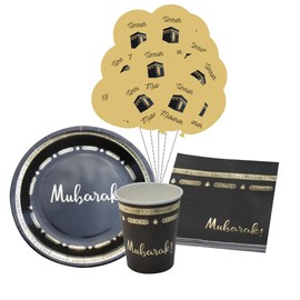Umrah Hajj Mubarak Tableware Set with Balloons – Black and Gold Islamic Party Decorations for Umrah Celebrations, Hajj Parties, Welcome Home Events, and Eid Gatherings