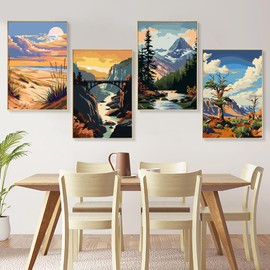 4 Pack National Park Paint by Numbers Kit for Adults Framed, Landscape Craftoria Paint by Number Kits with Frame, Acrylic Watercolor Adult Paint by Number Kits on Canvas for Home Decor Gift 8x12 Inch