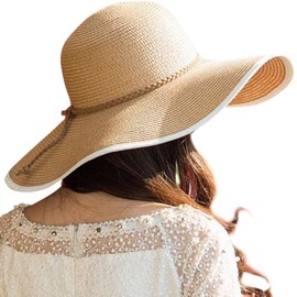 Lanzom Ladies 5.5" Large Bow Straw Hat Foldable Roll Up Sun Hat UPF 50+, Style B-khaki