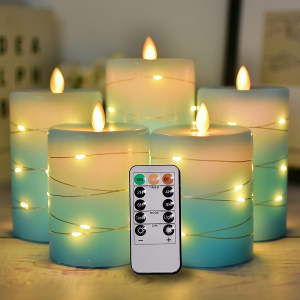 NICEME 5PCS Flameless Candles with Embedded String Lights Sky Blue