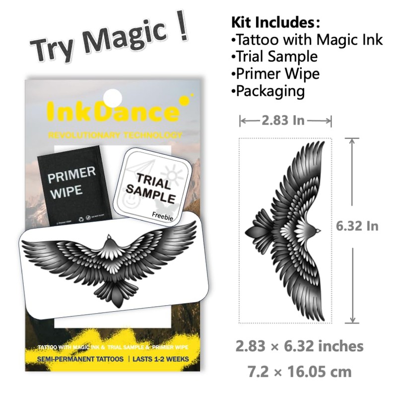 Semi-Permanent Tattoo, Ascending Shadow Eagle, Long Lasting Temporary Tattoos, Waterproof