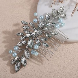 Teyglen Mint Green Crystal Pearl Wedding Hair Comb Rhinestone Bridal Hair Side Comb with Pearl Wedding Head Piece Handmade Rhinestone Hair Accessories for Women(Mint green)
