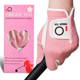 FINGER TEN Womens Golf Glove Right Handed Golfer Left Hand 1 Pack Golf Gloves Rain Grip Hot Wet All Weather Mesh for Women Girls Ladies Small Medium Large (Pink, Large (Worn On Left Hand))