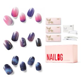 NAILOG Semi Cured Gel Nail Strips 34 pcs| Buy 2 Get 1 UV Lamp | Long Lasting Nail Polish Sticker Wraps with Glossy Gel Finish, Dark Moon Night