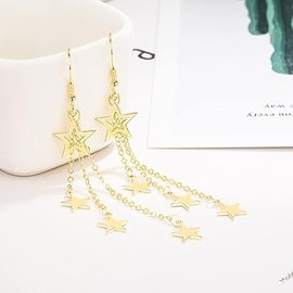 Sterling Silver Long Dangle Drop tassel star meteor earrings For Women (Gold star)