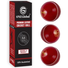 ONEGlobal Select Leather Cricket Ball | 100% Handcrafted, 156g - 5.5oz, 4-Piece Construction | Ideal for T20, Net Practice, Training etc. (Select, 3-Red