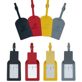 Sandian, Luggage Name Tags, PU Leather, Flap ID Card Holder with Adjustable Strap, 4-Pack in Black, Red, Yellow, Gray