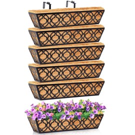 Y&M 6Pcs 24 Inch Window Deck with Coconut Coir Liner, 24" Railing Planter Horse Trough Coco Basket Boxes Metal Hanging Flower Balcony for Outdoor Garden Fence Lawn