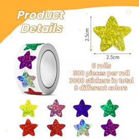 KALYRON 2000 pcs Multicolor Star Stickers,Fun Reward Stickers for Teachers & Students,Vibrant, Durable & Easy Peel,Perfect for Classroom, Crafts, Charts & Gifts, 4 Rolls