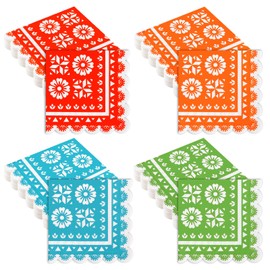 100 Pack Mexican Paper Napkins Fiesta Disposable Cocktail Napkins Papel Picado Decorative Scalloped Napkin for Cinco De Mayo Mexican Fiesta Table Decor Party Supplies