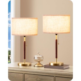 EDISHINE Mid Century Table Lamp Set of 2, Pull Chain Switch Bedside Lamp, Linen Shade, Solid Wood Pole & Bronze Brushed Metal Base, Modern Nightstand Lamp for Bedroom, Living Room, Office, E26 Base