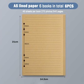 6 Pack A5 Refill Paper, 6 Hole Kraft Paper, Lined, 270 Sheets / 540 Pages Refill Paper Note Paper for Ring Binder Inserts, Refillable A5 Notebook