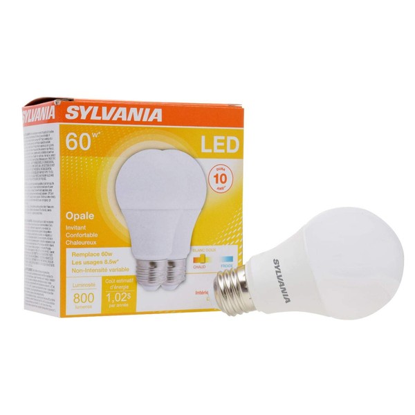 SYLVANIA LED Light Bulb, 60W Equivalent A19, Efficient 8.5W, Medium Base, Frosted Finish, 800 Lumens, Soft White - 2 Pack (73886)