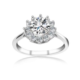 1ct Moissanite Sun flower Engagement Rings for Women，D Color VVS1 Clarity Round Cut Moissanite Ring in Sterling Silver plated with 18K White Gold Wedding Anniversary Birthday Promise Ring for her with Certificate of Authenticity, silver, na-