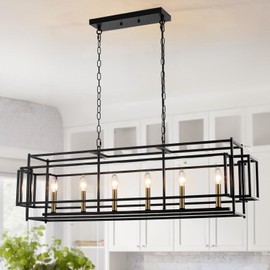 JWLUYN 6-Light Black and Gold Kitchen Island Lighting: 44 Inch Geometric Rectangle Chandelier - Modern Farmhouse Dining Room Light Fixtures Over Table, Island Lights for Kitchen, Dining Room