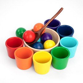 Jeesblsy Balls in Cups Montessori Toy, Colour Sorting and Counting, Wooden Sorter Game 7 Colours Matching Toy for Children Boys Girls from 3 Years (Colourful)