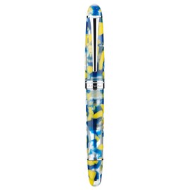 Asvine P50 Piston Fountain Pen Yellow Marble Resin, Medium Nib Silver Trim Smooth Writer Collection with Pen Case Gift Set