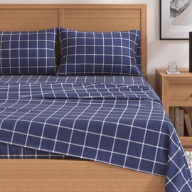 Great Bay Home Flannel Sheet Set Full Size - 100% Turkish Cotton, Double-Brushed, Printed Bed Sheets - Ultra-Soft, Cozy, 4-Piece Bedding Set (Windowpane - Navy/White)