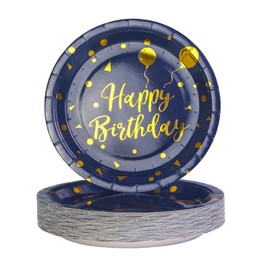 AHPYEUHK Paper Plates Pack of 50 Party Plates 17.8 cm Party Tableware Set Children's Birthday Disposable Tableware Perfect for Parties and Celebrations (Blue Gold)