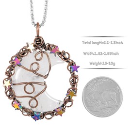 TUMBEELLUWA Crescent Moon Star Crystal Necklace for Women Men Reiki Healing Stone Copper Wire Wrapped Pendant with Adjustable Cord, Rock Quartz