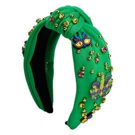 Poememgi Mardi Gras Green Jeweled Headband, Carnival Embellished Knotted Twist Hairband, Wide Top Knot Hair Accessories for Women Girls