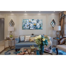 Acocifi Flowers Painting Florals Landscape Canvas Wall Art 3D Textured Picture, Abstract Botanical Modern Teal Blue Large Artwork Framed for Living Room Bedroom Bathroom Office Home Decor 58"x29"