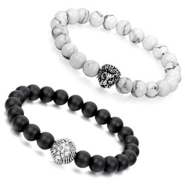 Aron Cent 2pcs 8 mm/Lion Head Alloy Iestein Armreif Energy Bracelet Link Wrist Black Elastic White Howlite Turquoise Buddha Prayer Mala Ball Pearl Bracelet