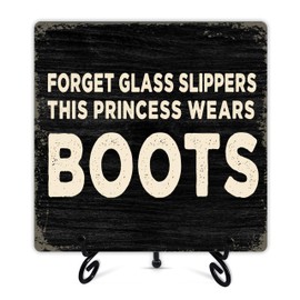 Western Desk Decor, Forget Glass Slippers This Princess Wears Boots Wooden Sign With Stand, Funny Plaque Gifts For Women, Farmhouse Home Office Desk Decor, Country Tabletop Shelf Accessories - d03