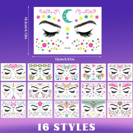 16 Sheets Fluorescent Tattoo Sticker, Fake Tattoos, Temporary Tattoos Adult Women, Temporary Face Tattoos Suitable for Bar Party Supplies (Colorful)
