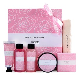 Bath Gifts Set for Women - Spa Luxetique 6pcs Rose Travel Gift Box, Relaxing Home Spa Kit Includes Bubble Bath, Body Lotion, Shower Gel, Bar Soap, Hand Cream, Travel Bag. Birthday & Christmas Gifts Idea for Her.