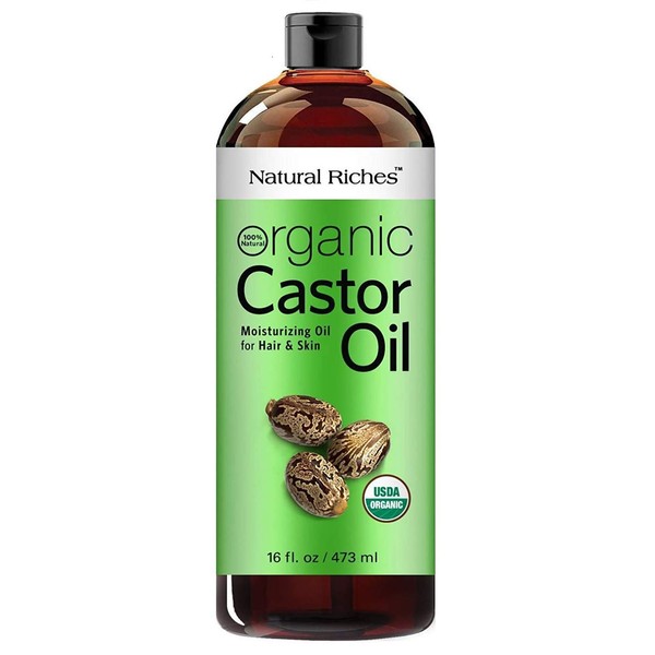 Natural Riches Organic Castor Oil - Cold Pressed and USDA Certified for Dry Skin and Hair - Moisturizes and Helps Growth for Eyelashes, Eyebrows and Hair - 16 fl. oz.