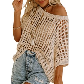 Dokotoo Womens Fashion Spring Summer Tops 2025 Short Sleeve Crochet Hollow Out Sweaters Scoop Neck Lightweight Thin Knit Pullover Apricot Large