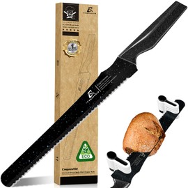 CoquusAid Resharpenable Bread Knife for Homemade Bread, 11.6-Inch Multifunction Serrated Knife with 5 Thickness Adjustable Slicing Guide, Stainless Steel Bread Cutter, Razor Sharp for Sourdough, Black