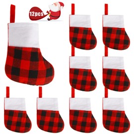 LOKIPA Small Christmas Stockings, 12 Pack Mini Christmas Stockings Red Buffalo Plaid Xmas Stockings Bulk with Plush Cuff for Christmas Tree Decor