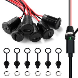 KUOQIY 6 pieces USB-C female for panel mounting, 3A 2-pin USB-C socket with LED light, 2-wire installation type C socket, round USB C socket with 150 mm 24 AWG wires, with dust covers nuts, black