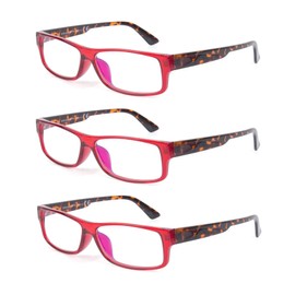 EYE ZOOM 3 Pack Extre Wide Plastic Frame Blue Light Reading Glasses for Women, Wine Red, +1.50