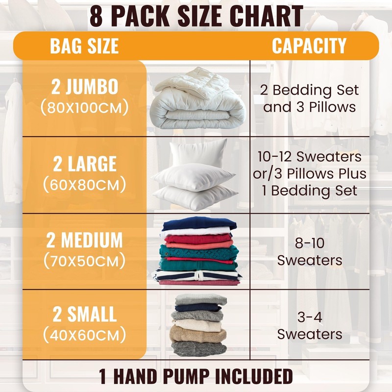 Vacuum Storage Bags,8 pack with Hand Pump .(2 Jumbo,2 Large,2