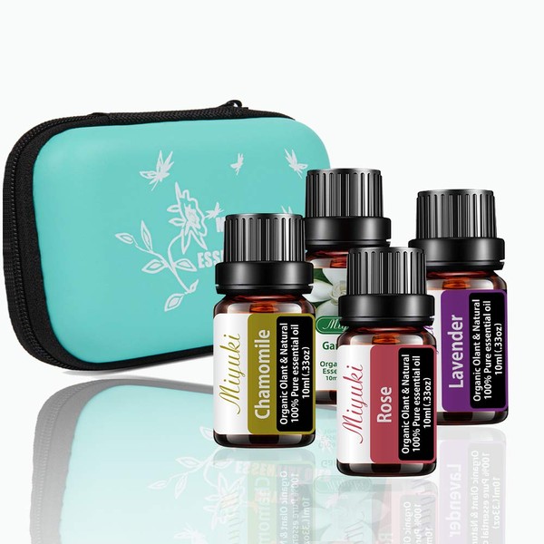 Miyuki 4Pack Essential Oils Sets Organic Olant & Natural 100% Pure Therapeutic Grade Oils with Lavender, Rose, Chamomile, Gardenia - 4Pack x10ML