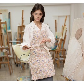 Aoomzoon Kitchen Aprons for Women with 2 Pockets,Double Sided Vintage Adjustable Apron for Gardening Cooking Arting Painting (Brown/Pink Flowers)