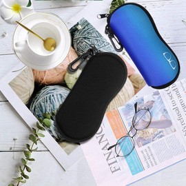 Nobranded Pack of 2 Neoprene Glasses Case, Soft Neoprene Zip Portable Glasses Bag, Protective and Lightweight, with Carabiner Hook, for Men and Women (Black, Blue), Black, Blue