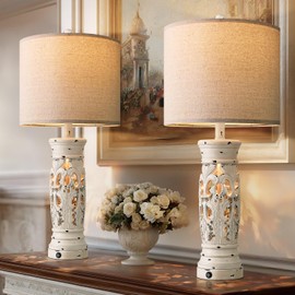 BOBOMOMO 27.25” Farmhouse Table Lamps Set of 2 – Antique White Bedside Lamps with Night Light & USB A+C Ports, Vintage Lamps for Bedroom, Living Room, Entryway, Console Table (Bulbs Included)