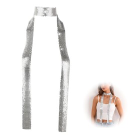 Lyqaq Sparkling Metallic Scarf - Silver Sequins Neck Scarf for Women, Shiny Evening Party Accessory - Skinny Long Neckerchief for Wedding, Prom, New Year's Eve & Special Occasions
