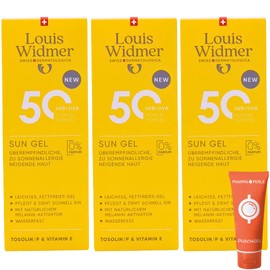 Louis Widmer Sun Gel 50, 3x 100 ml I leichte, fettfreie Gel-Creme I wasserfest I für überempfindliche, zu Sonnenallergie neigende Haut I hoher UV-Schutz I Spar-Set plus Pharma Perle give-away