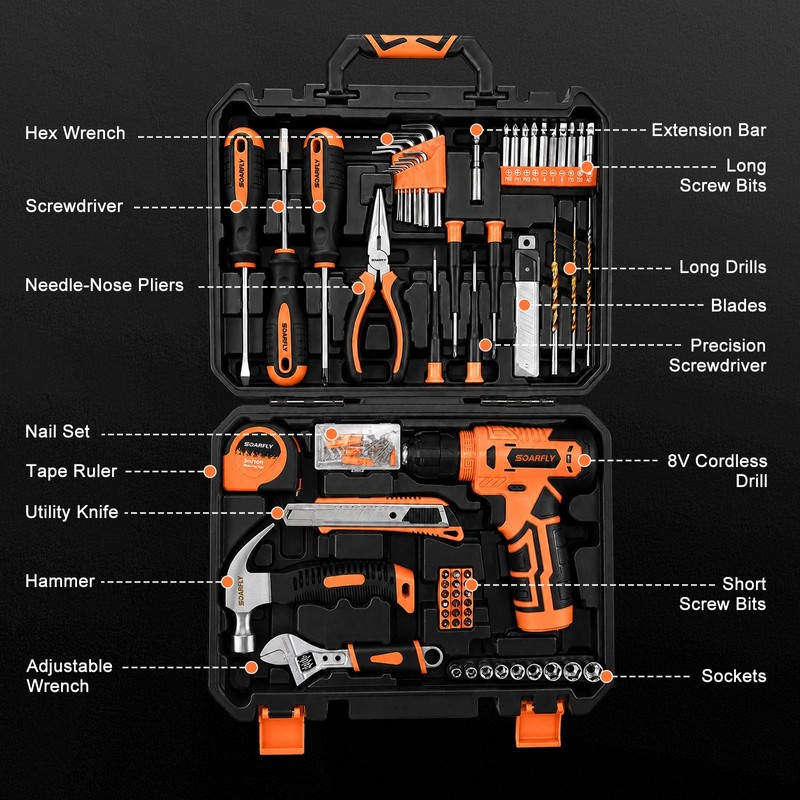 157-Piece Tool Set, 8V Cordless Drill Set, Hand Tool Kit