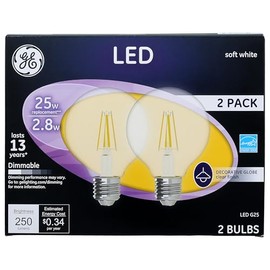 GE LED Light Bulbs, 25 Watt, Soft White, G25 Globe Bulbs, Clear, Medium Base (2 Pack)