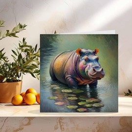 Hippopotamus Hippo Greeting Card Animal Impressionism Art 145mm x 145mm