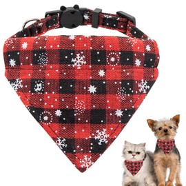 Christmas Cat Collar with Bell, Adjustable Cat Collar with Bandana Printed Snowflakes Pattern, Plaid Snowflake Breakaway Pet Collar for Kitten Puppy Christmas Party Costume Accessories A9GWMXQ (Red)
